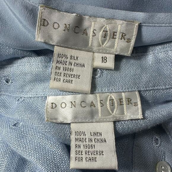 DONCASTER Blue Linen Silk 2pc Layered Top Set Sz 18 Cottage Preppy Eyelet Sheer - Picture 7 of 16